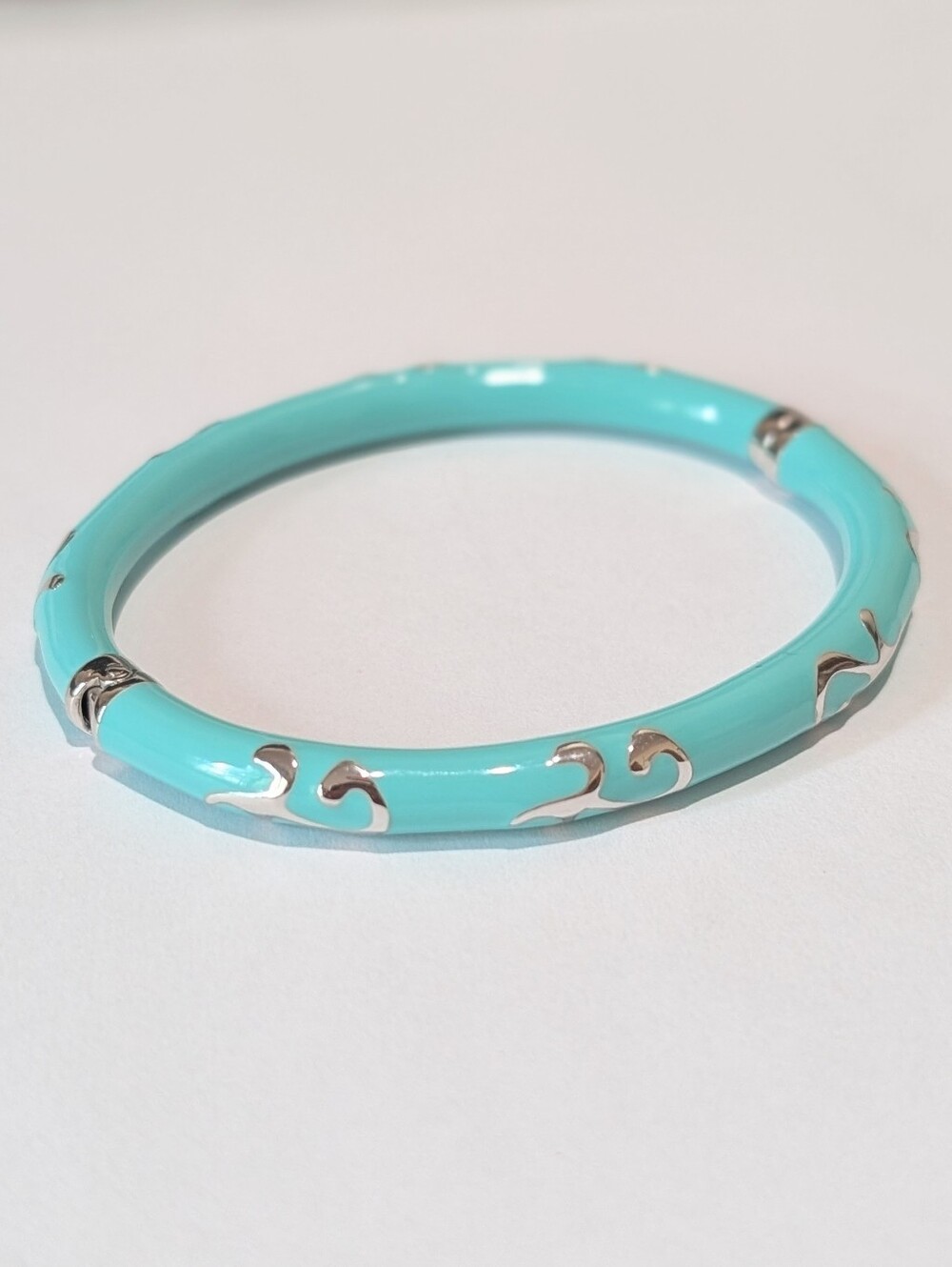 Arte D'argento Italy 925 Sterling Silver Teal Enamel 7" Hinged Bangle Bracelet